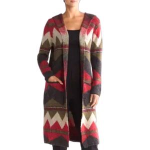 Joseph A Green Red Soft Knit Open Front Hooded Southwestern Duster Cardigan